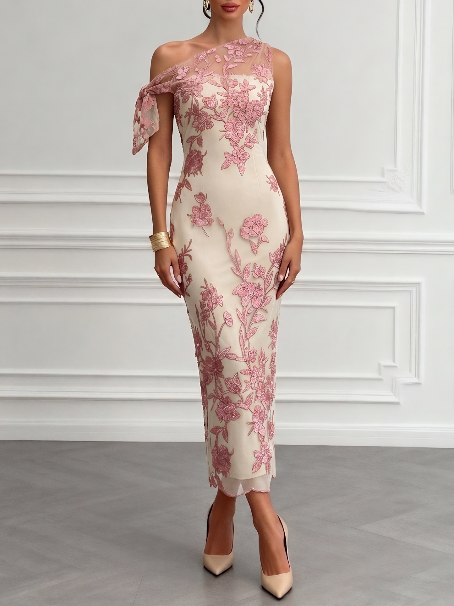 One-Shoulder Floral Embroidery Maxi Dress