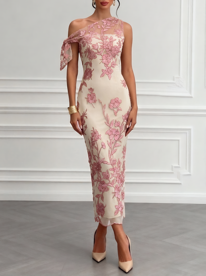 One-Shoulder Floral Embroidery Maxi Dress
