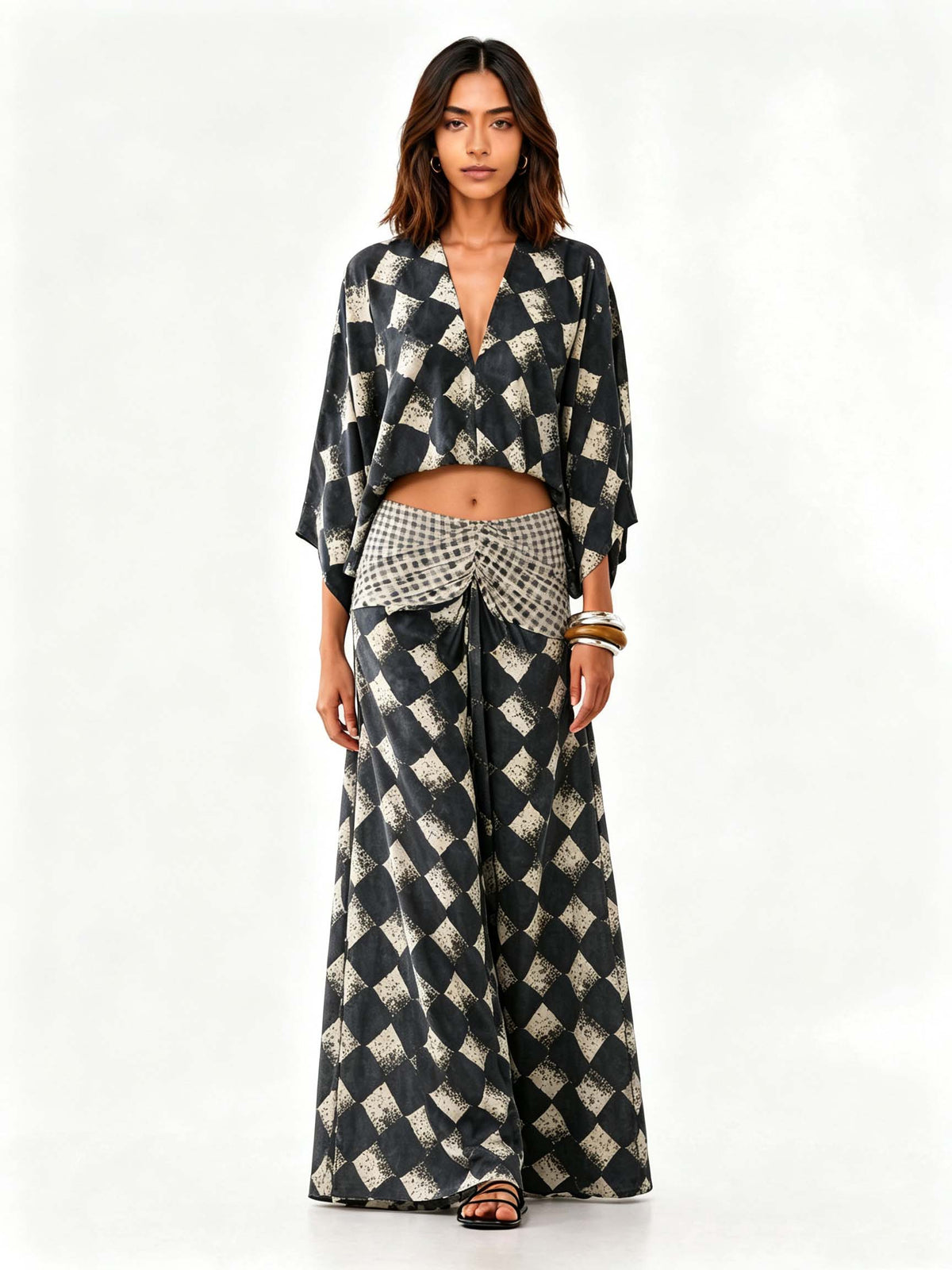 Casual Abstract Plaid Print Kimono Shirt & Pants Two-Piece Set