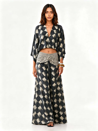 Casual Abstract Plaid Print Kimono Shirt & Pants Two-Piece Set