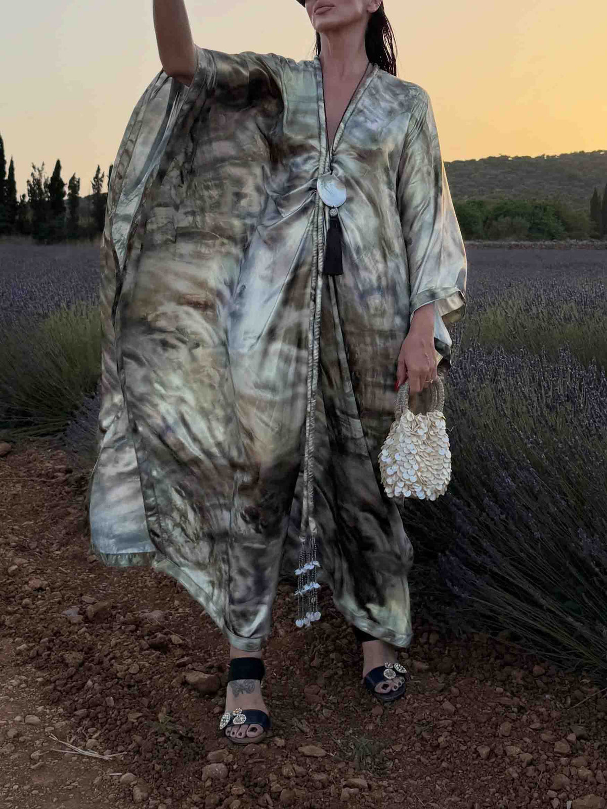 Elegant Tie-Dye Glossy Satin Kaftan Maxi Dress