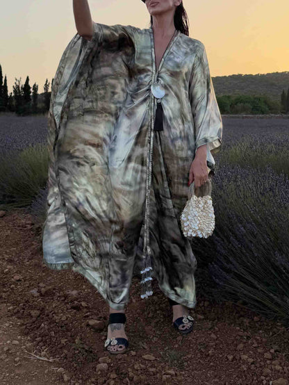 Elegant Tie-Dye Glossy Satin Kaftan Maxi Dress