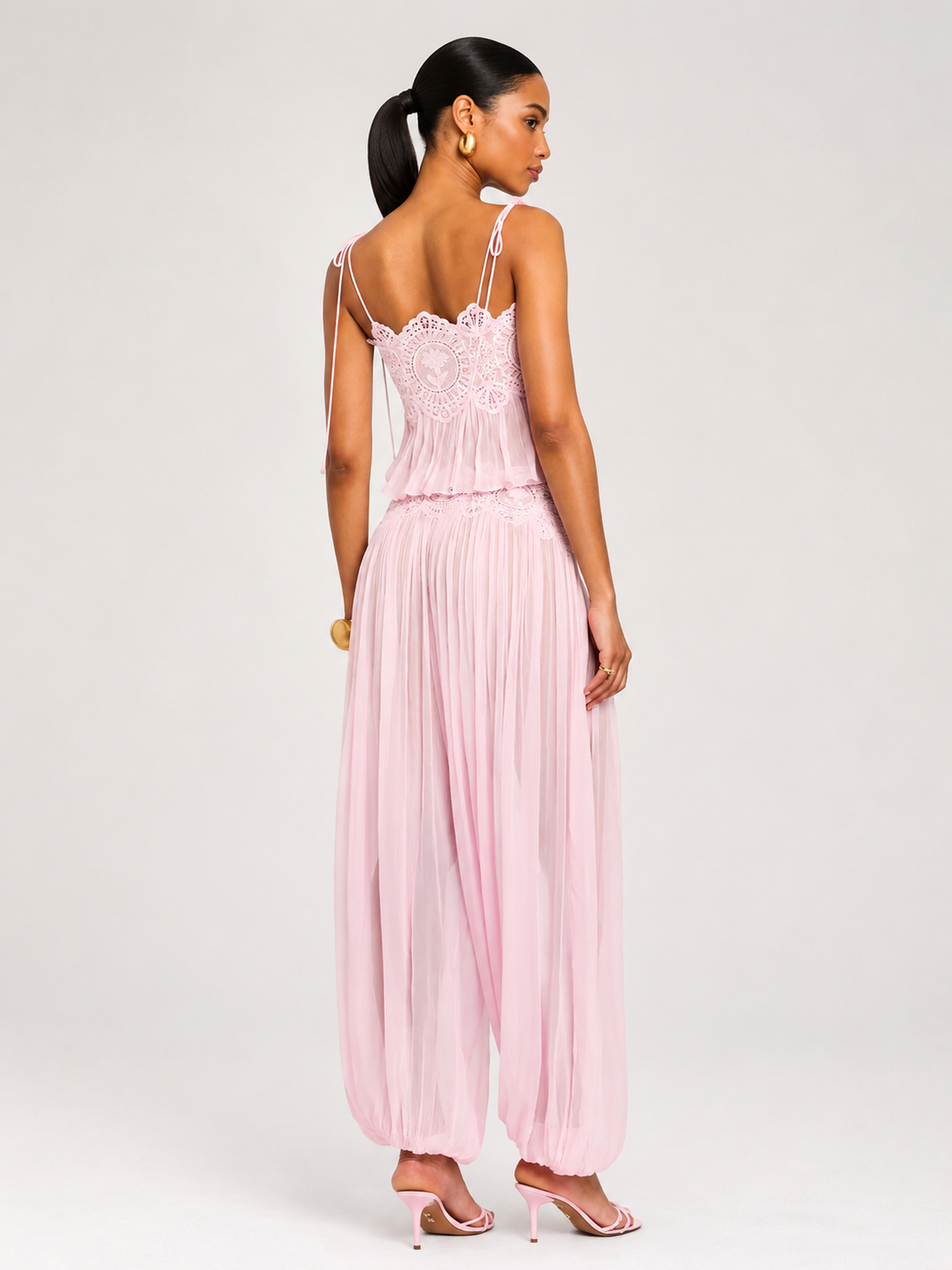 Exquisite Paisley Lace Trim Tie-Front Top Two-Piece Set