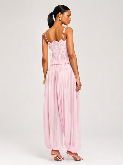 Exquisite Paisley Lace Trim Tie-Front Top Two-Piece Set