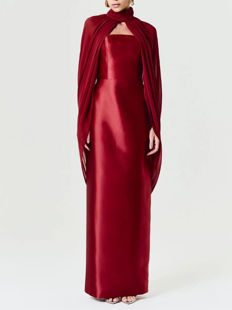 Elegant Satin Strapless Maxi Dress with Chiffon Cape