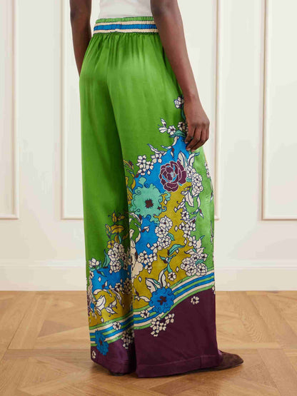 Retro Colorful Floral Print Satin Two-Piece Set