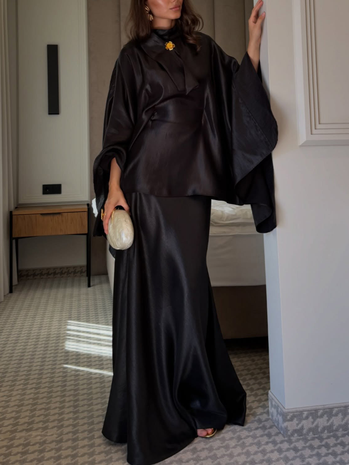 Elegant Shimmer Satin Batwing Sleeve Top & Maxi Skirt Two-Piece Set