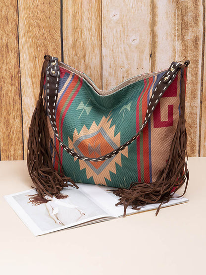Retro Bohemian Woven Fringe Linen Shoulder Tote Bag