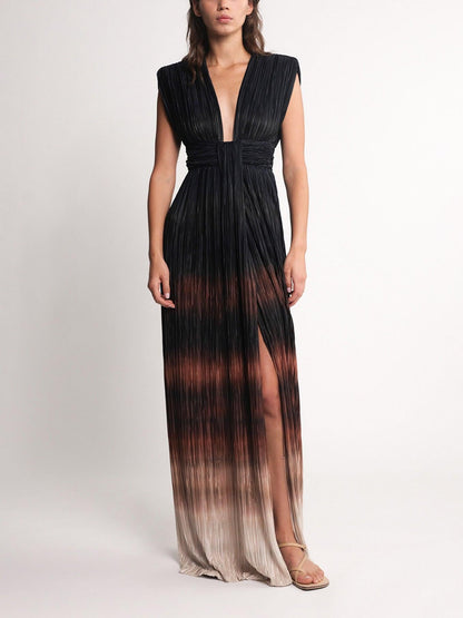 Elegant Deep V-Neck High Slit Maxi Dress