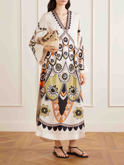 Retro Floral Geometric Print Satin Kaftan Maxi Dress