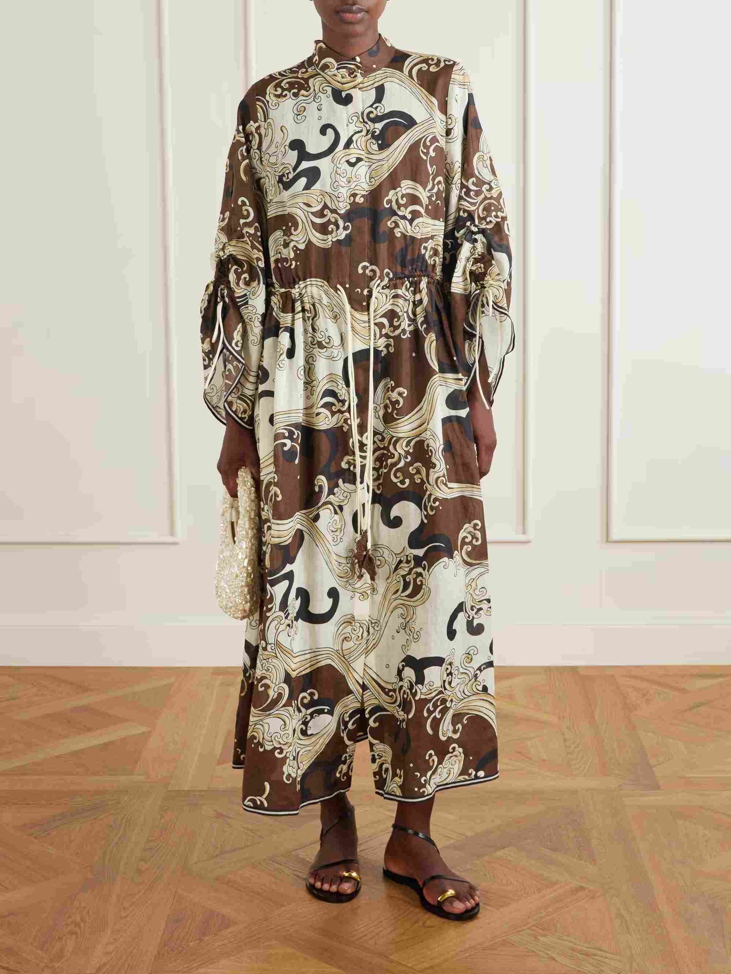 Retro Abstract Print Drawstring Long Sleeve Maxi Dress