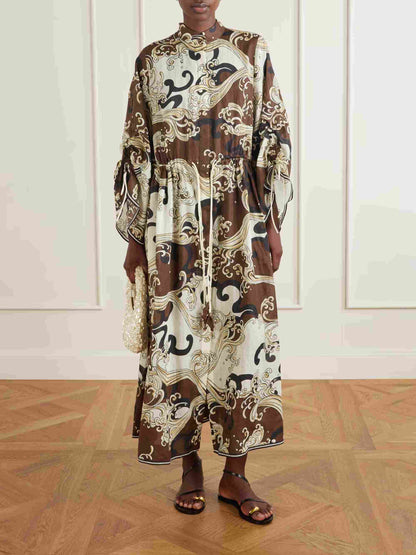 Retro Abstract Print Drawstring Long Sleeve Maxi Dress