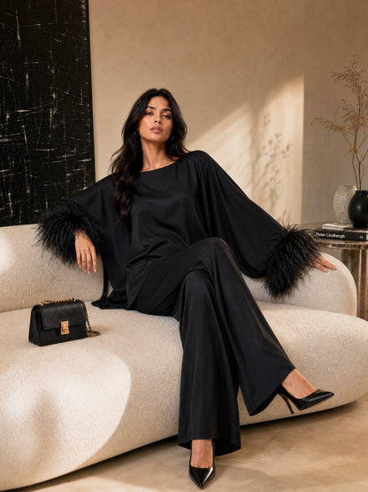 Elegant Feather-Trim Batwing Top & Pants Two-Piece Set