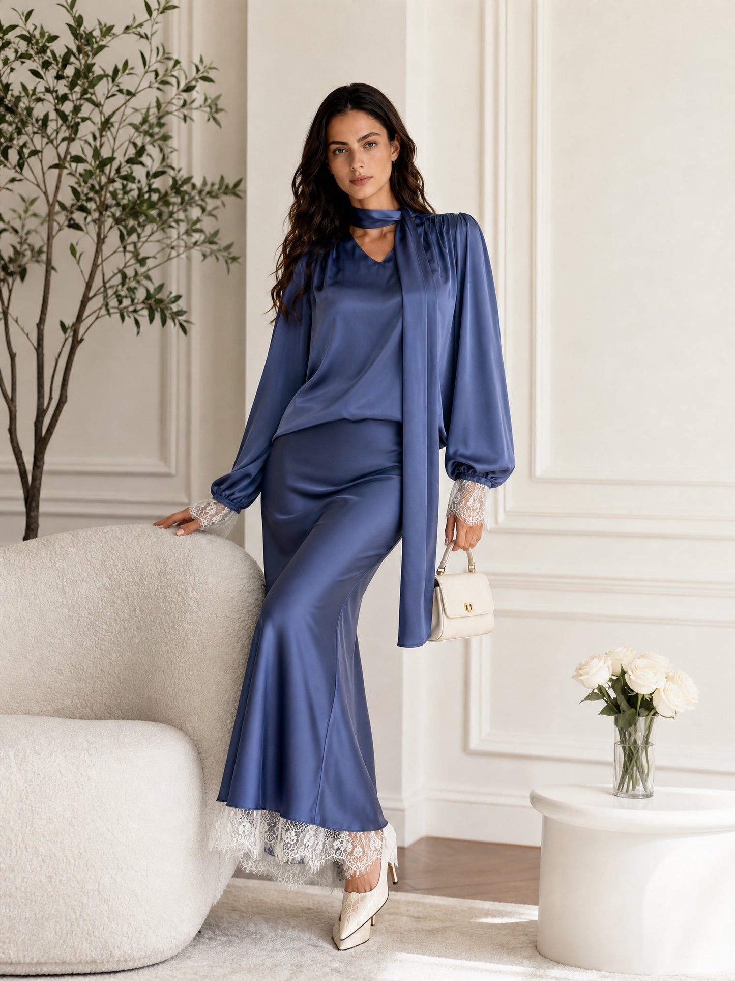 Elegant Puff Sleeve Satin Top & Lace Trim Maxi Skirt Two-Piece Set