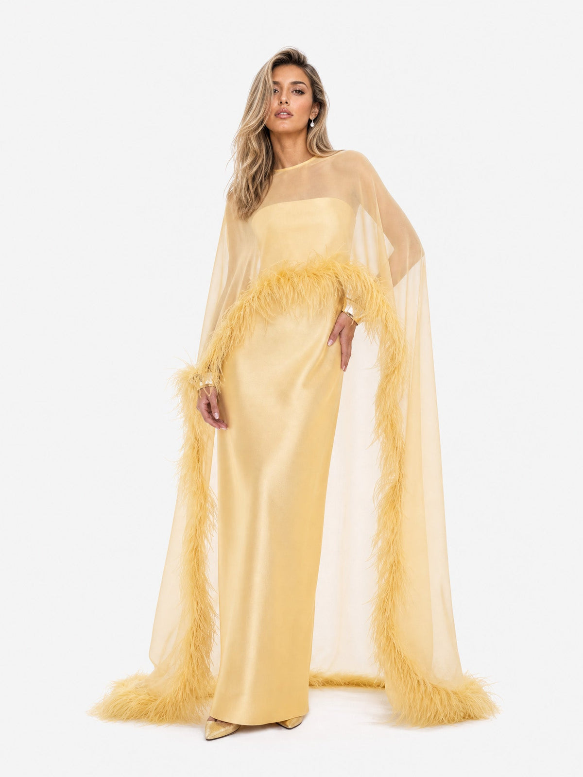 Elegant Feather Trim Chiffon Shawl Black Satin Maxi Dress