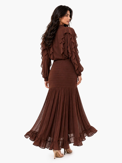 Elegant Ruffle Top & Ruched Mermaid Maxi Skirt Two-Piece Set