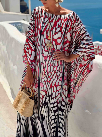 Abstract Print Off Shoulder Satin Kaftan Maxi Dress