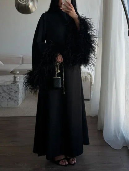 Elegant Feather-Trim Batwing Sleeve Maxi Dress