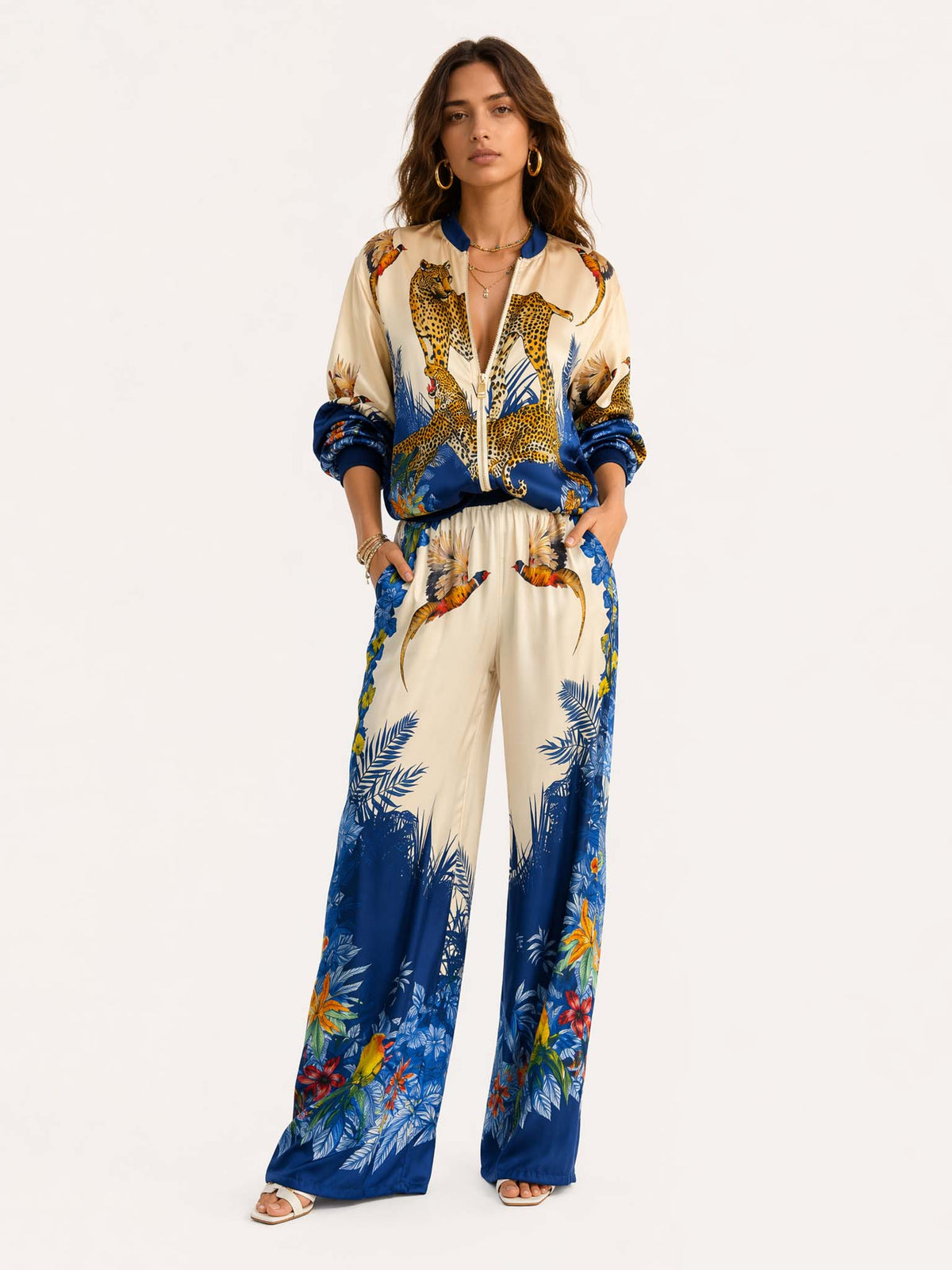 Exotic Jungle Print Zip-Up Long Sleeve Shirt
