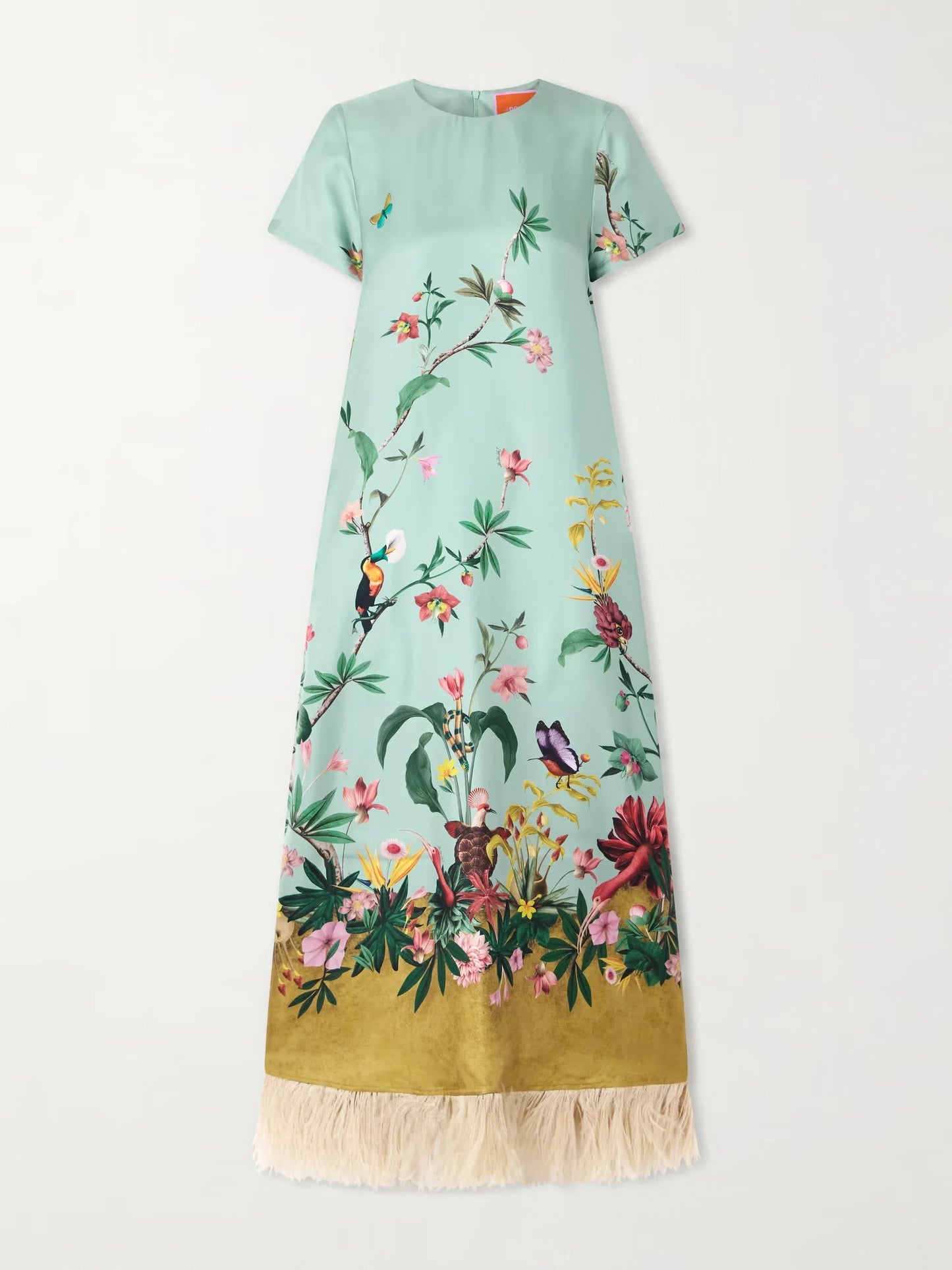 Retro Chic Printed Feather Trim Maxi Dress