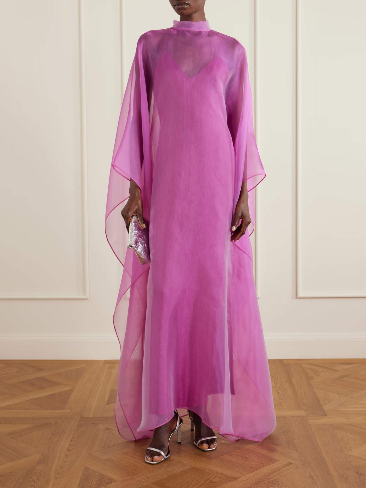 Elegant Sheer Organza Cape Sleeve Maxi Dress