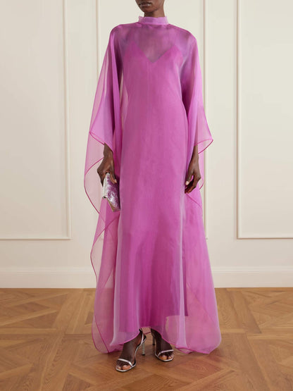 Elegant Sheer Organza Cape Sleeve Maxi Dress