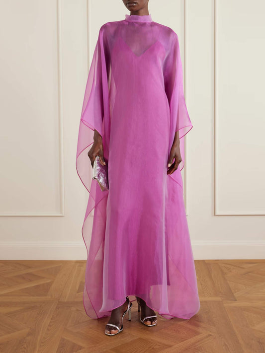 Elegant Sheer Organza Cape Sleeve Maxi Dress