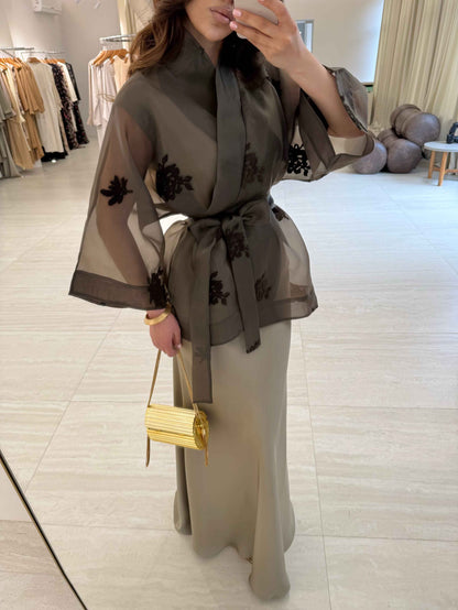 Elegant Kimono-Style Top & Satin Mermaid Skirt Two-Piece Set