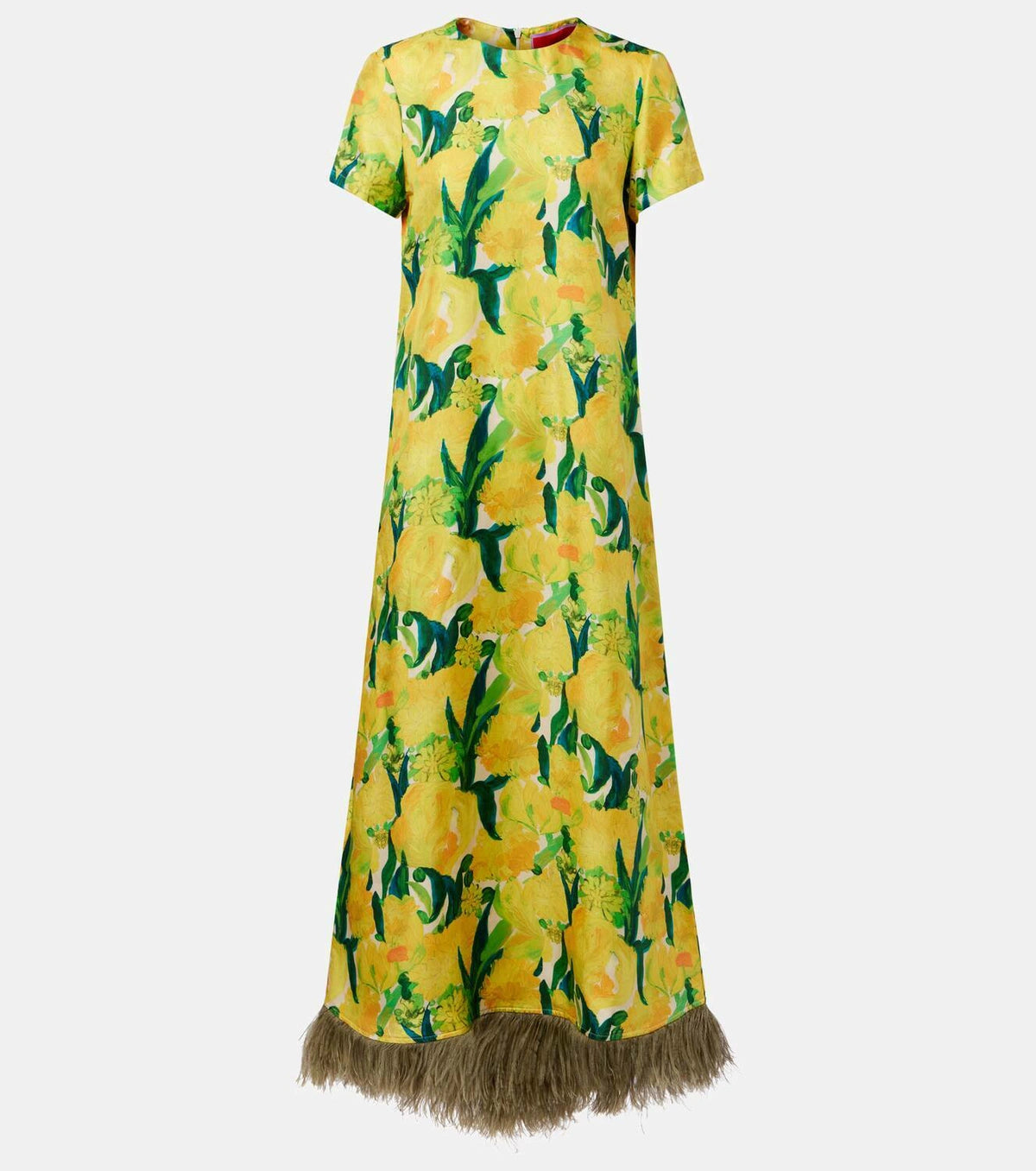 Lemon Blossom Print Feather Hem Midi Dress