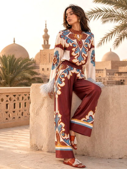Retro Print Satin Feather Trim Top & Wide-Leg Pants Two-Piece Set