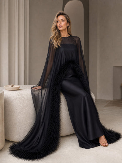 Elegant Feather Trim Chiffon Shawl Black Satin Maxi Dress