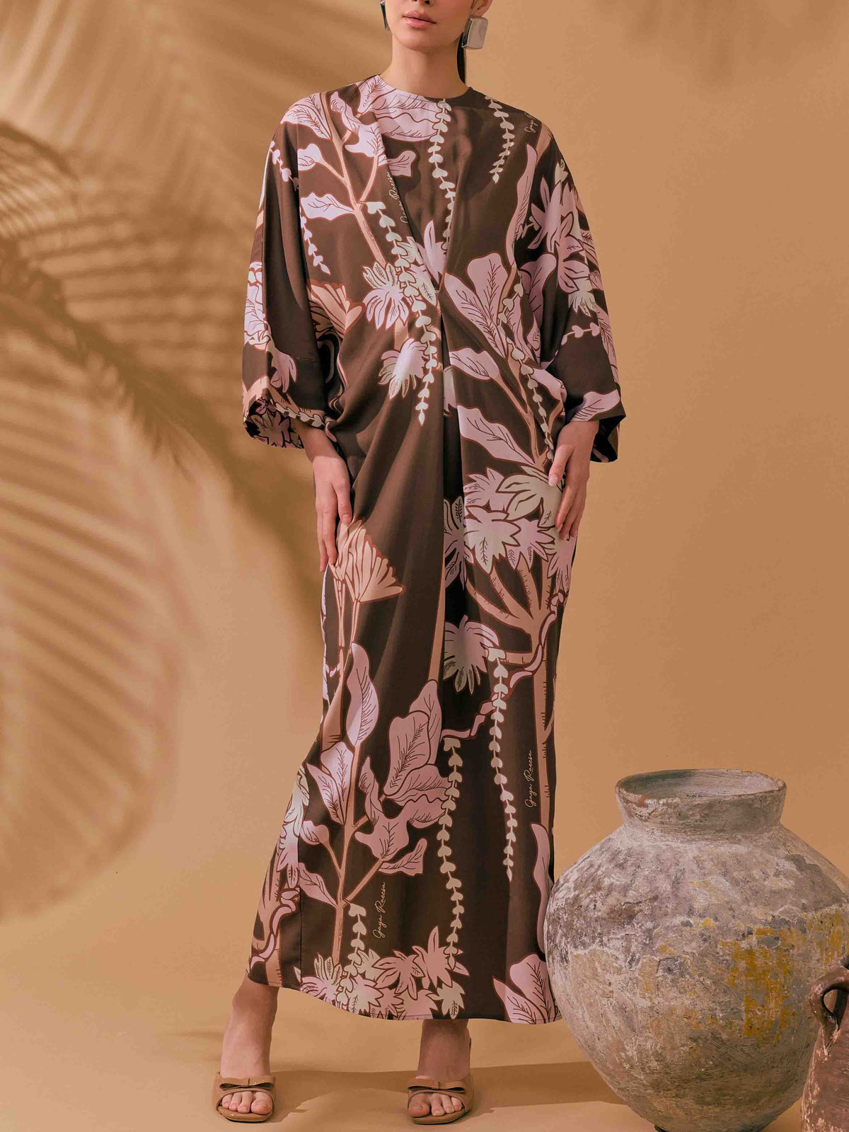 Elegant Printed Batwing Sleeve Satin Maxi Dress