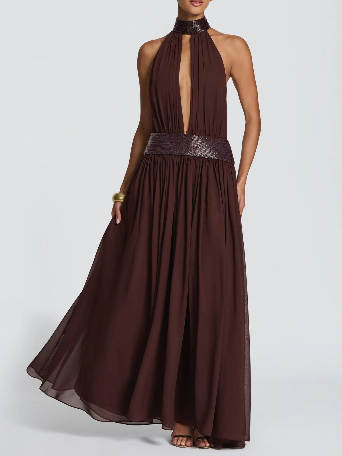 Elegant Halter Neck Sequin Chiffon Maxi Dress