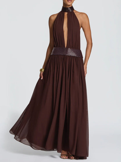 Elegant Halter Neck Sequin Chiffon Maxi Dress