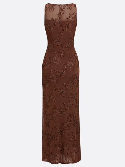 Elegant Floral Embroidered Mesh Ruched Maxi Dress