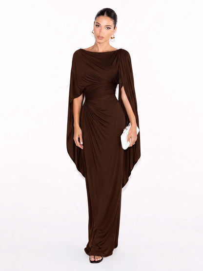 Boat Neck Pleated Slim Fit Maxi Dress
