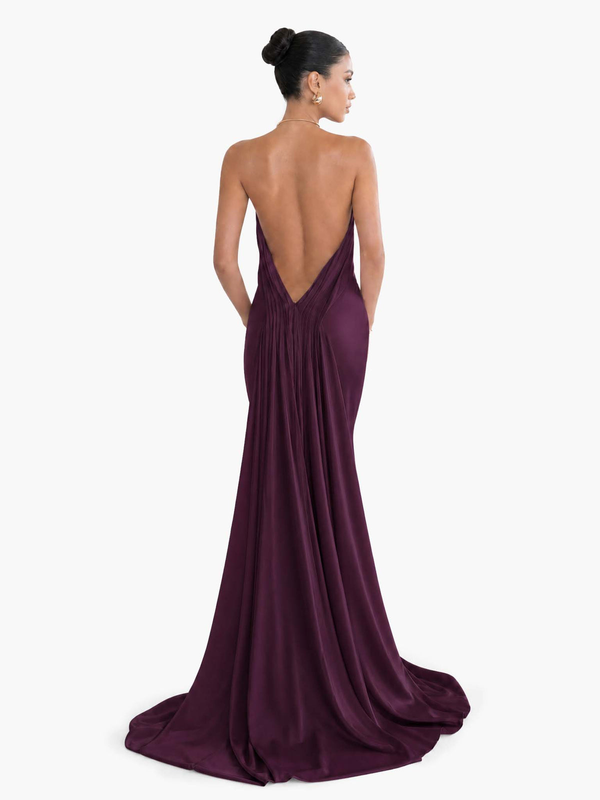 Elegant Halter-neck Draped Satin Train Maxi Dress