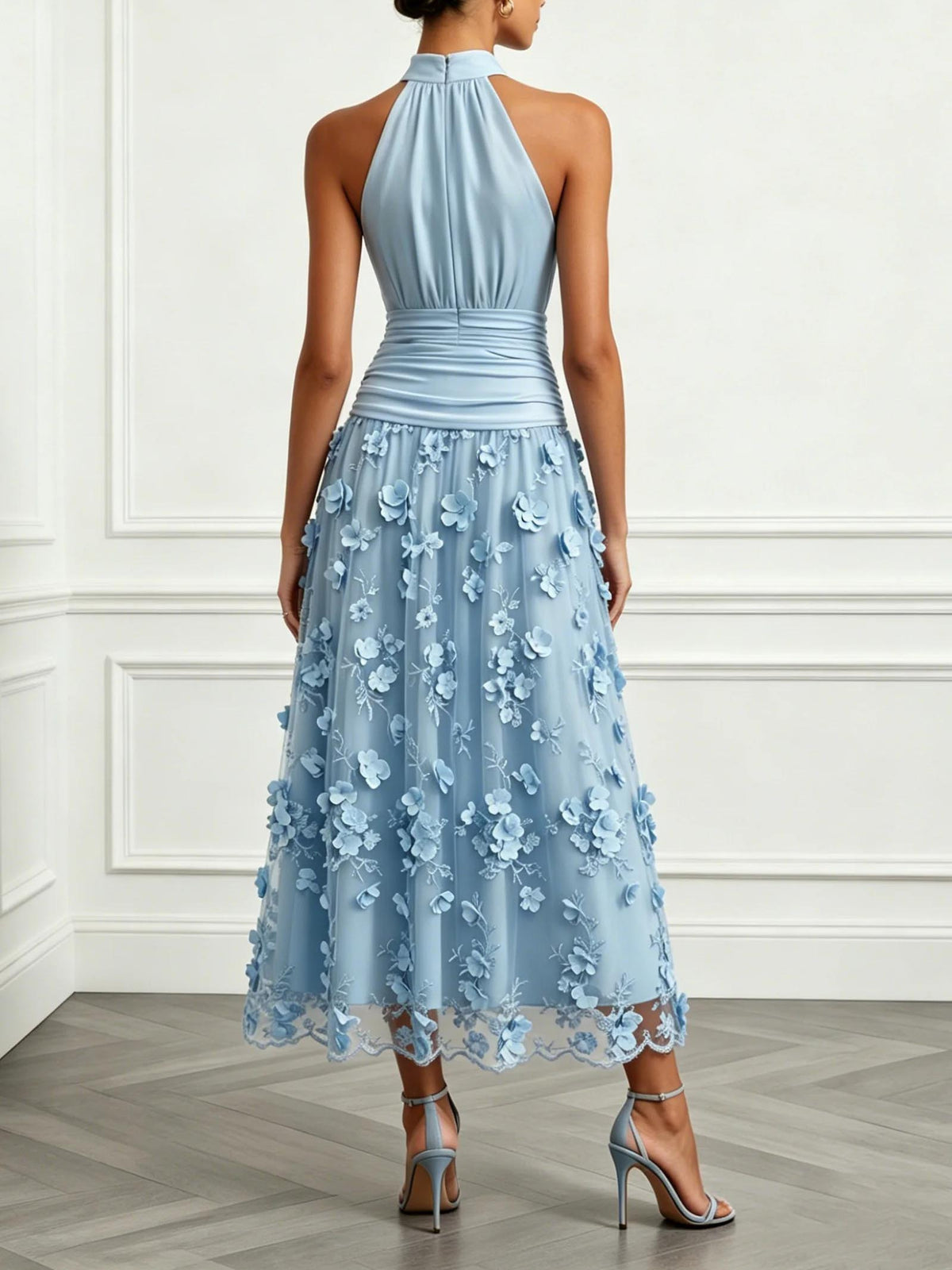 Elegant Halter Ruched 3D Floral Mesh Midi Dress