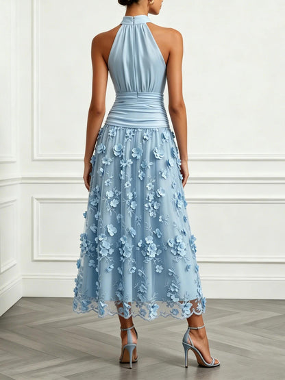 Elegant Halter Ruched 3D Floral Mesh Midi Dress