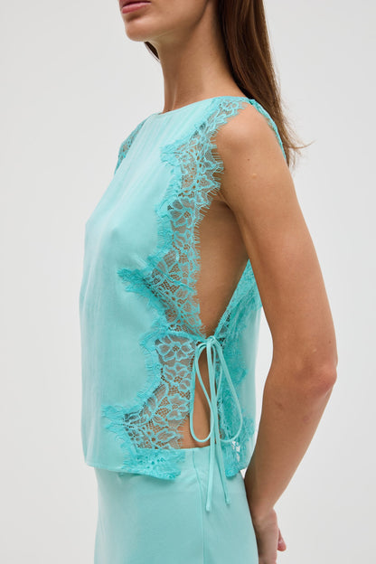 Elegant Lace Trim Sleeveless Satin Two-Piece Set