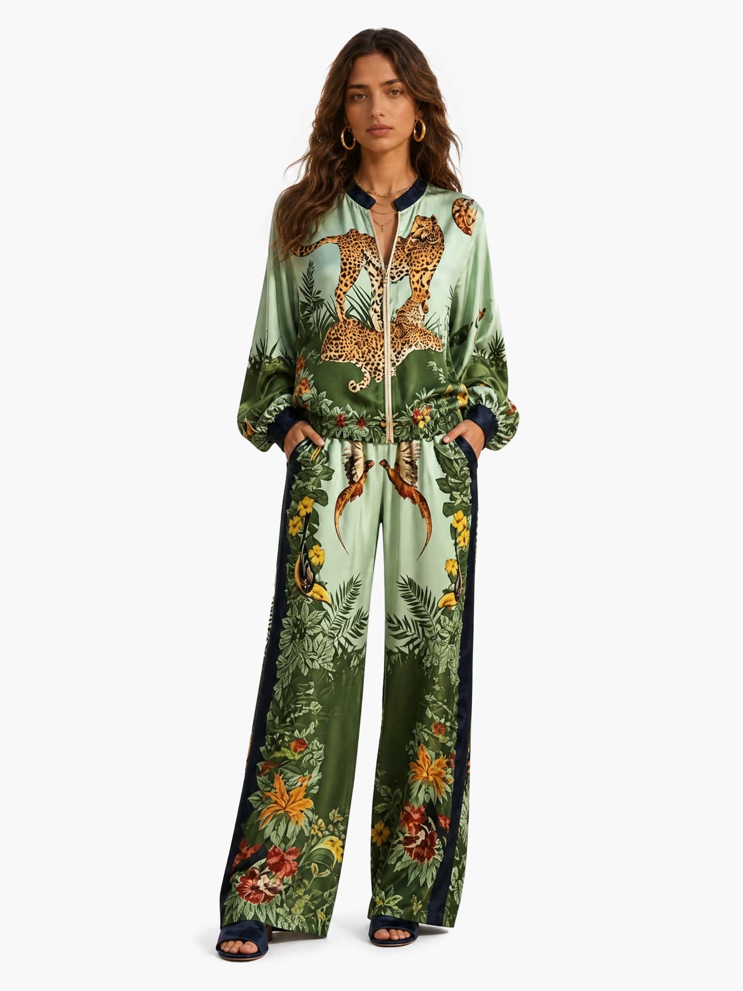 Exotic Jungle Print Zip-Up Long Sleeve Shirt