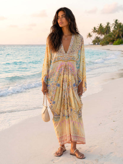 Retro Colorful Floral Print Silk-Feel Kaftan Maxi Dress