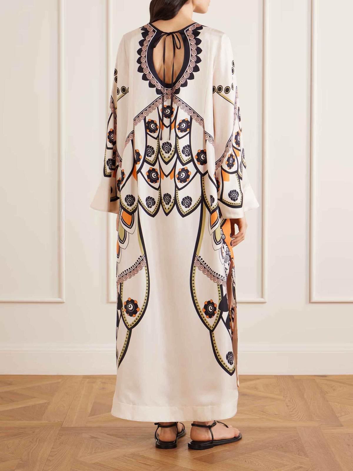 Retro Floral Geometric Print Satin Kaftan Maxi Dress