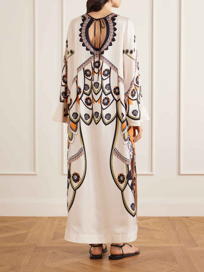 Retro Floral Geometric Print Satin Kaftan Maxi Dress
