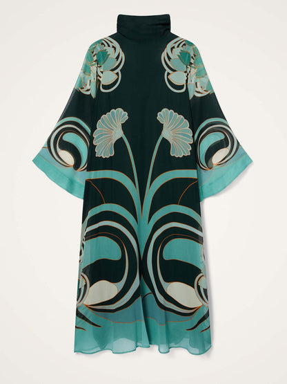 Elegant Geometric Print Chiffon Shawl Midi Dress