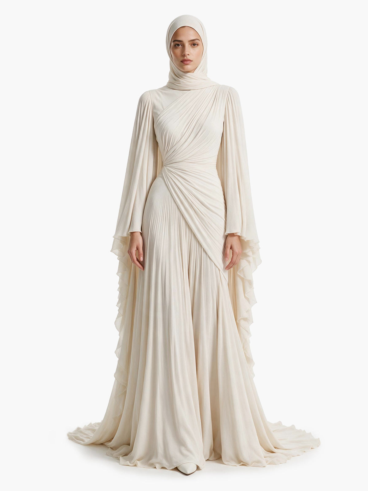 Elegant Pleated High-Neck Cape Sleeve Chiffon Maxi Dress