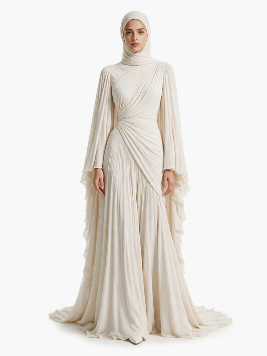 Elegant Pleated High-Neck Cape Sleeve Chiffon Maxi Dress