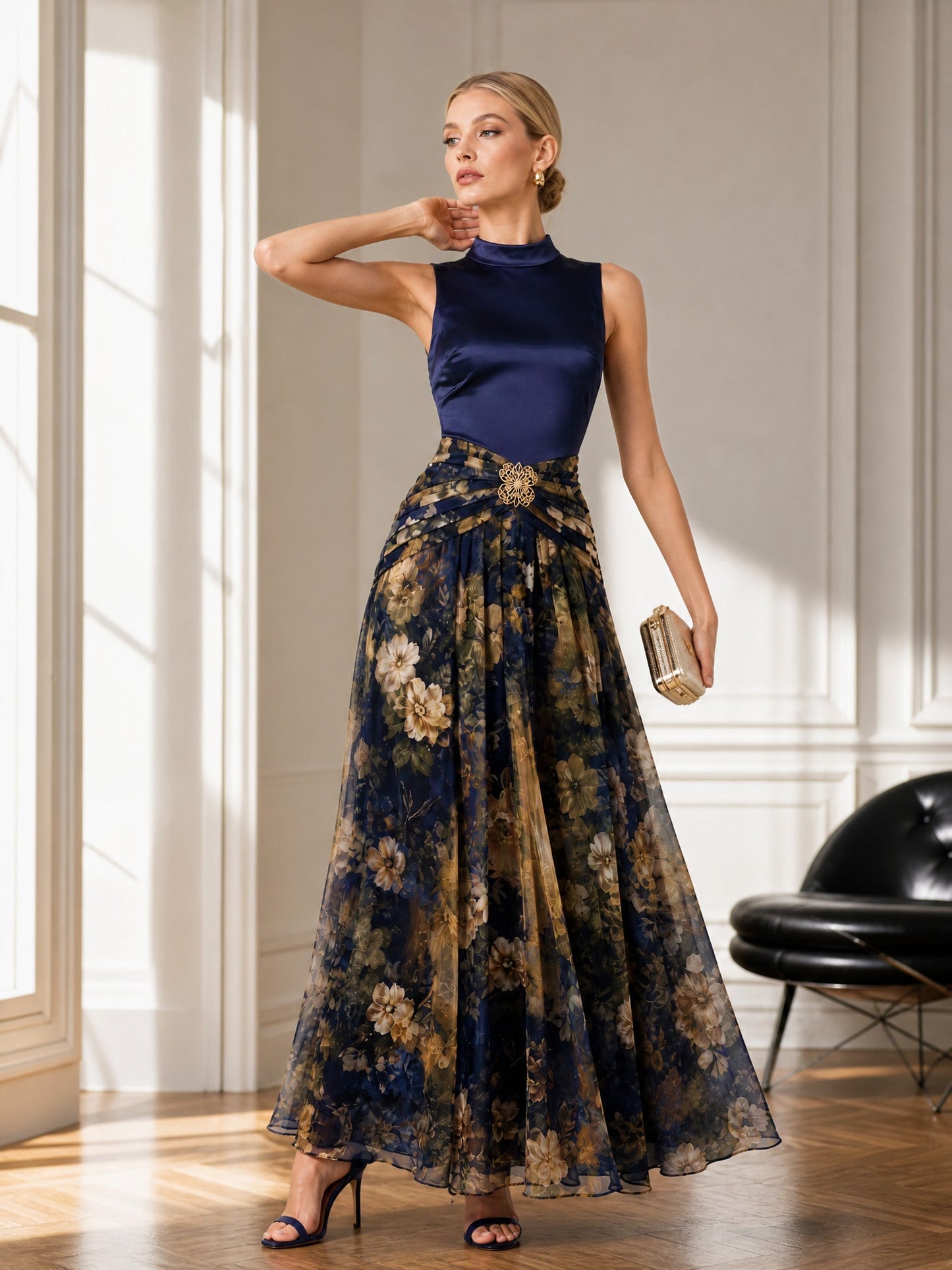 Elegant High Neck Satin Floral Chiffon Maxi Dress