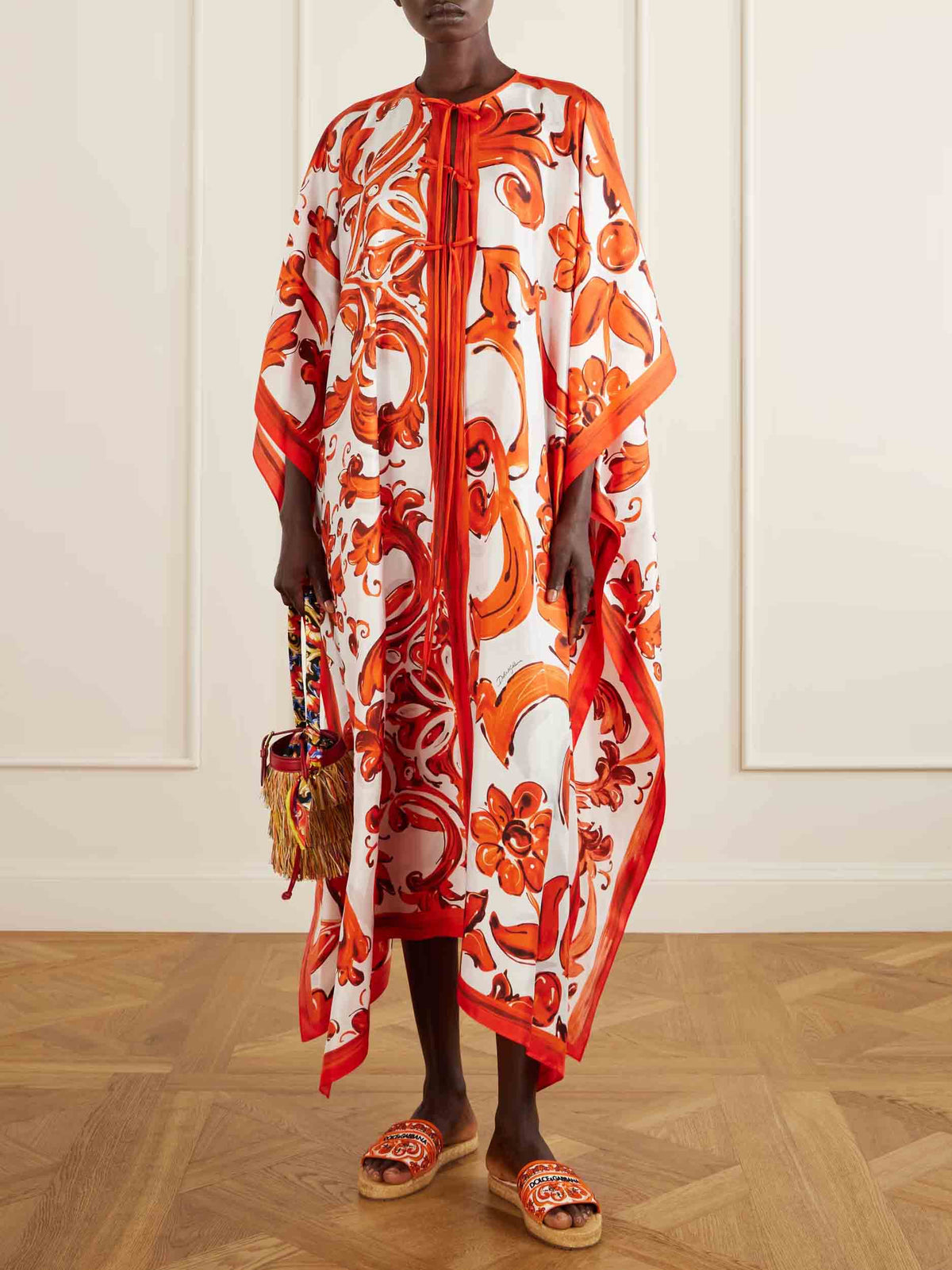 Elegant Self-Tie Satin Print Flowing Kaftan Maxi Dress