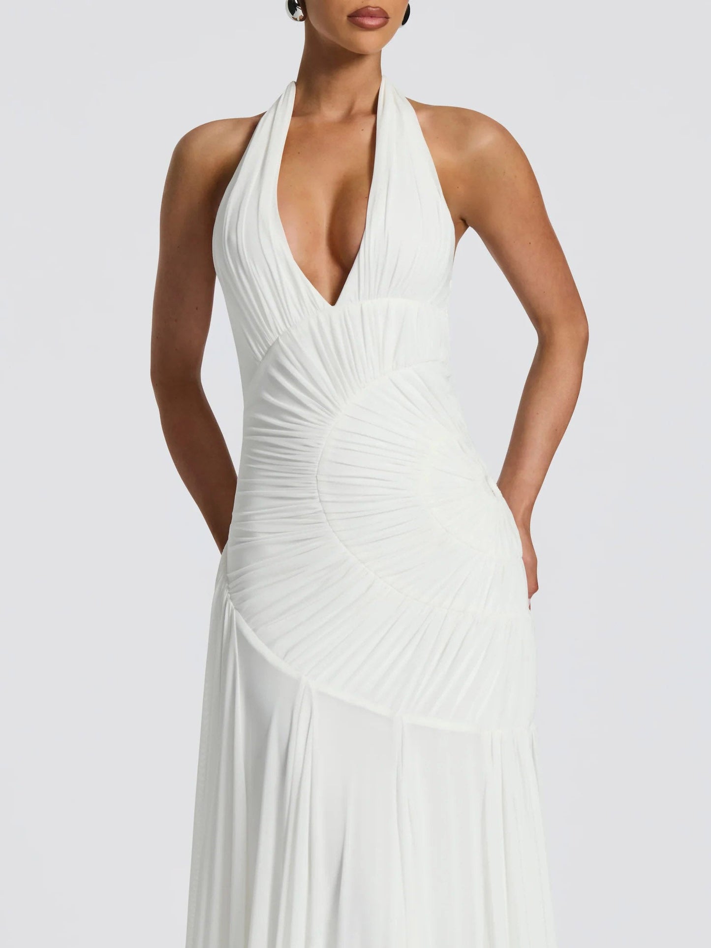 Elegant Halter Neck Ruched Pleated Maxi Dress